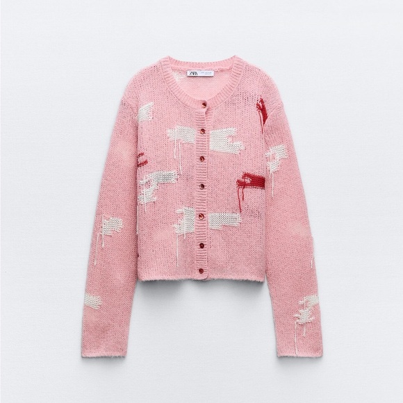 ZARA NEW WOMAN SS23 PINK JACQUARD KNIT CARDIGAN 1957/104 - Picture 10 of 11